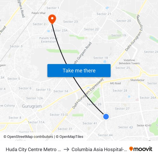 Huda City Centre Metro Station (B) to Columbia Asia Hospital-Gate No. 1 map