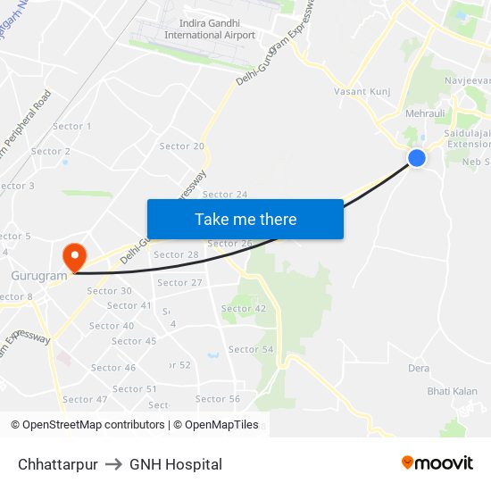 Chhattarpur to GNH Hospital map