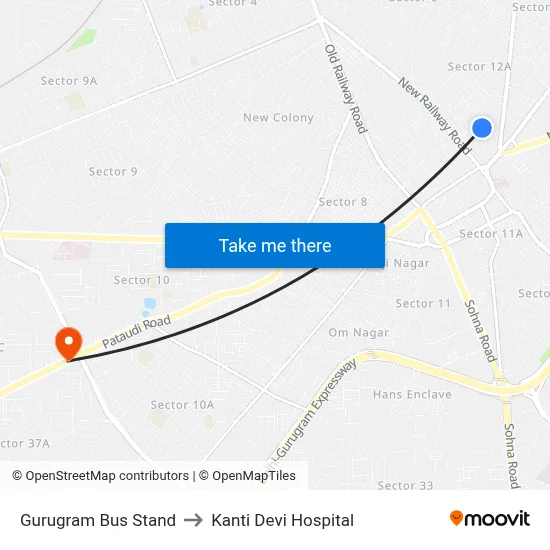 Gurugram Bus Stand to Kanti Devi Hospital map