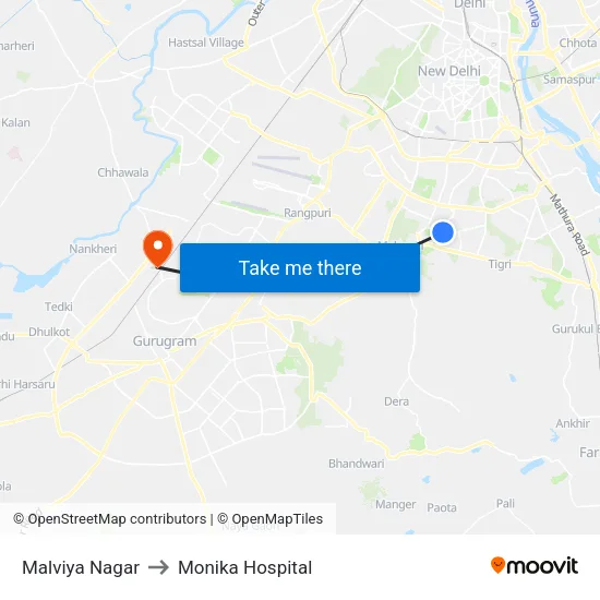 Malviya Nagar to Monika Hospital map
