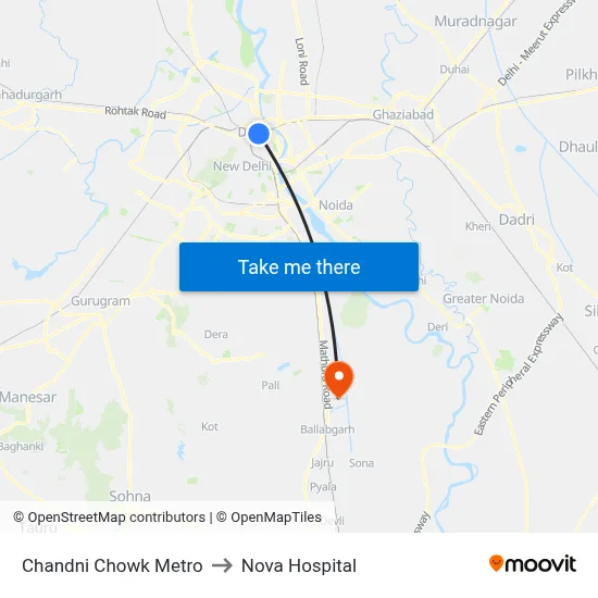 Chandni Chowk Metro to Nova Hospital map