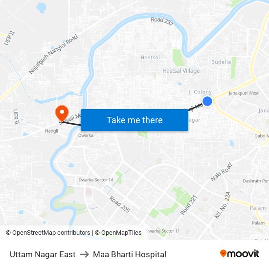 Uttam Nagar East to Maa Bharti Hospital map