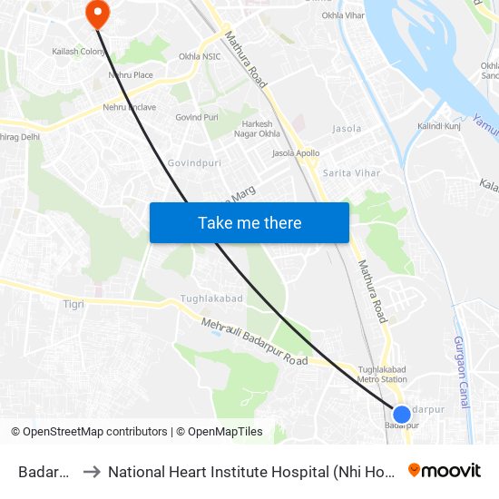 Badarpur to National Heart Institute Hospital (Nhi Hospital) map