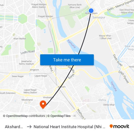 Akshardham to National Heart Institute Hospital (Nhi Hospital) map