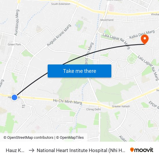 Hauz Khas to National Heart Institute Hospital (Nhi Hospital) map