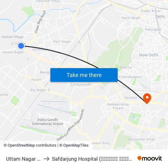 Uttam Nagar (T) to Safdarjung Hospital (सफदरजंग हॉस्पिटल) map