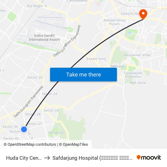 Huda City Center to Safdarjung Hospital (सफदरजंग हॉस्पिटल) map