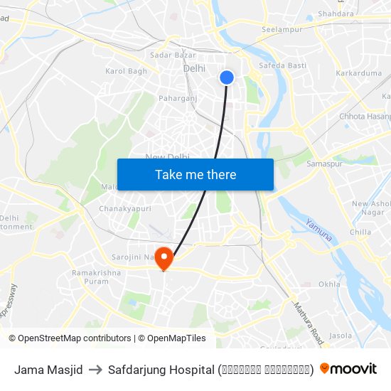 Jama Masjid to Safdarjung Hospital (सफदरजंग हॉस्पिटल) map