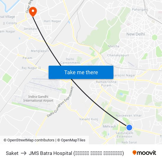 Saket to JMS Batra Hospital (जेएमएस बत्रा हॉस्पिटल) map