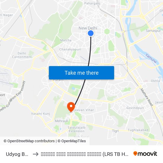 Udyog Bhawan to एलआरएस टीबी हॉस्पिटल महरौली (LRS TB Hospital Mehrauli) map
