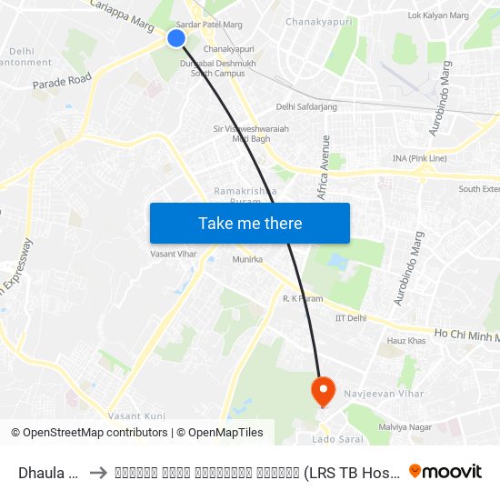 Dhaula Kuan to एलआरएस टीबी हॉस्पिटल महरौली (LRS TB Hospital Mehrauli) map