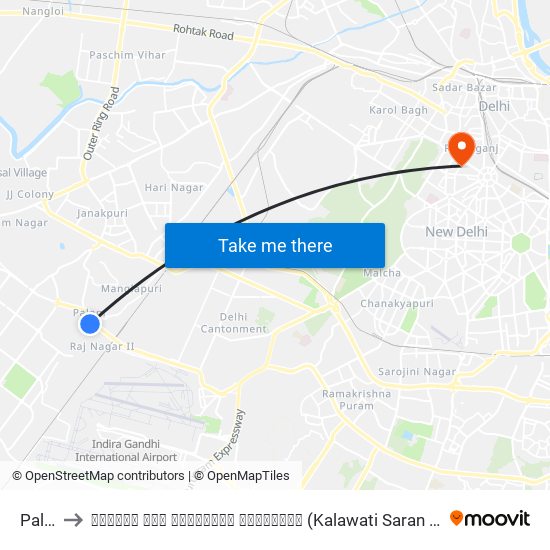 Palam to कलावती सरन चिल्ड्रन हॉस्पिटल (Kalawati Saran Children Hospital) map
