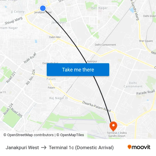 Janakpuri West to Terminal 1c (Domestic Arrival) map