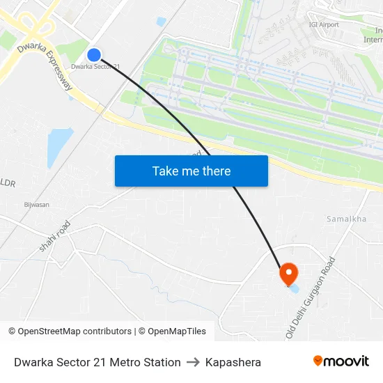 Dwarka Sector 21 Metro Station to Kapashera map