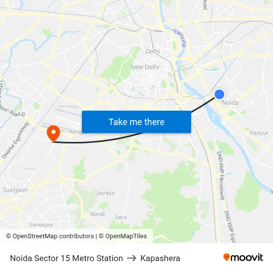 Noida Sector 15 Metro Station to Kapashera map