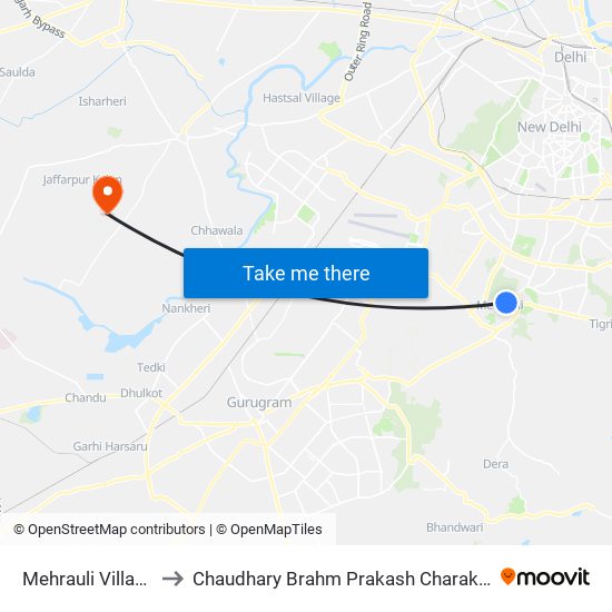 Mehrauli Village (T) to Chaudhary Brahm Prakash Charak Sansthan map