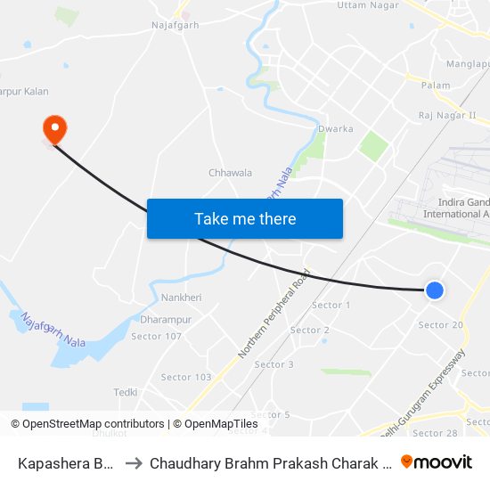 Kapashera Border to Chaudhary Brahm Prakash Charak Sansthan map