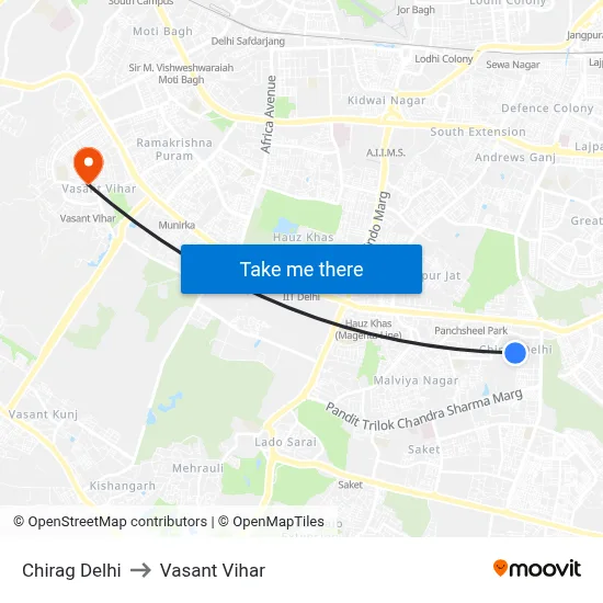 Chirag Delhi to Vasant Vihar map