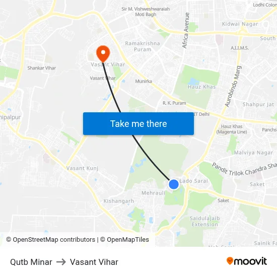 Qutb Minar to Vasant Vihar map