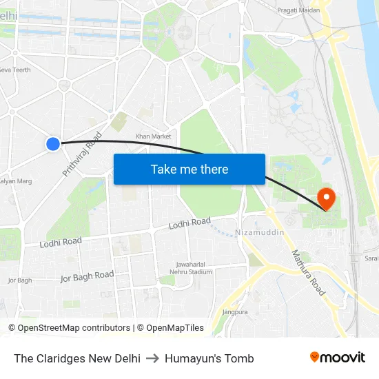 The Claridges New Delhi to Humayun's Tomb map
