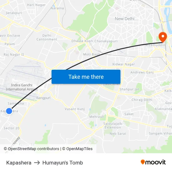 Kapashera to Humayun's Tomb map