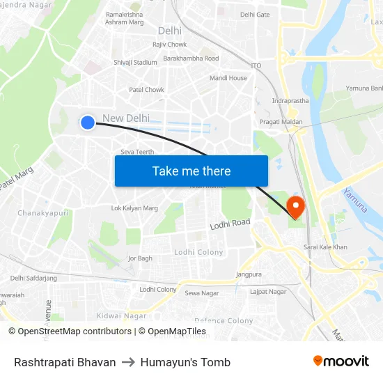 राष्ट्रपति भवन to हुमायूँ का मकबरा map