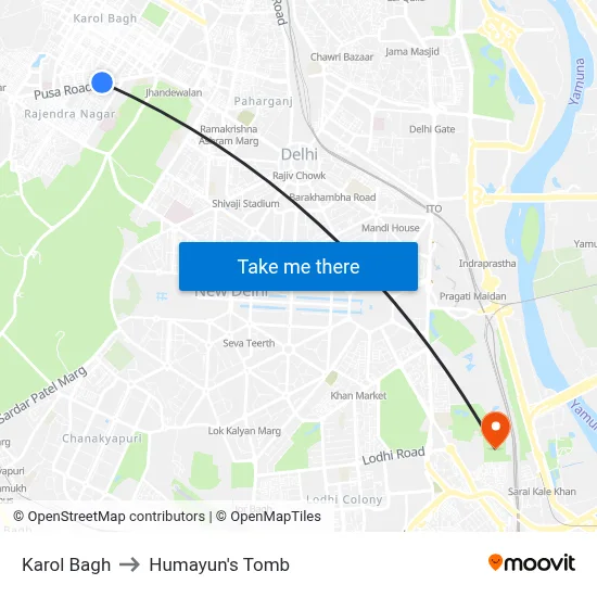 करोल बाग to हुमायूँ का मकबरा map