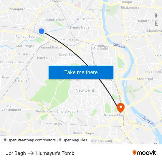 जोर बाग to हुमायूँ का मकबरा map