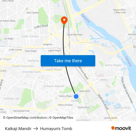 काल्काजी मंदिर to हुमायूँ का मकबरा map
