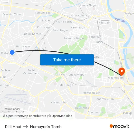 Dilli Haat to Humayun's Tomb map