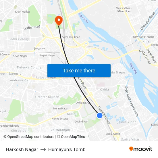 हरकेश नगर to हुमायूँ का मकबरा map