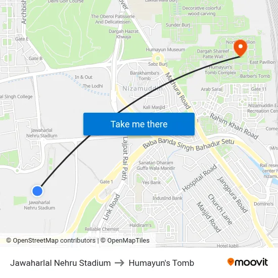 Jawaharlal Nehru Stadium to Humayun's Tomb map