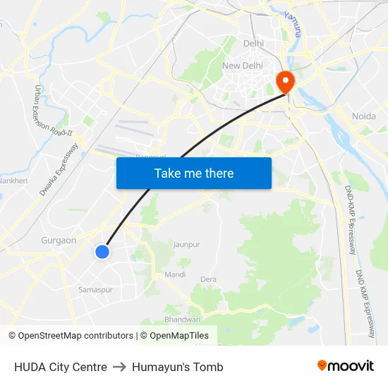 हुडा सिटी सेंटर to हुमायूँ का मकबरा map