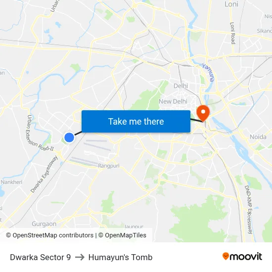 Dwarka Sector 9 to Humayun's Tomb map