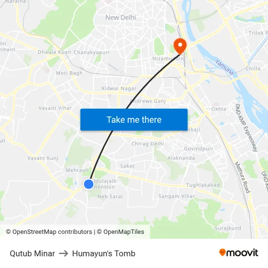 Qutub Minar to Humayun's Tomb map