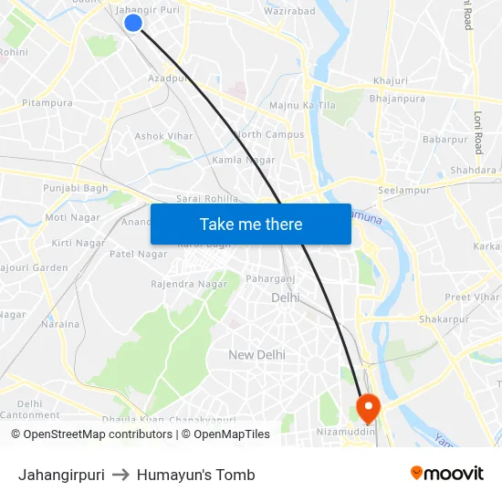 Jahangirpuri to Humayun's Tomb map