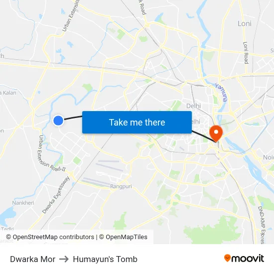 Dwarka Mor to Humayun's Tomb map
