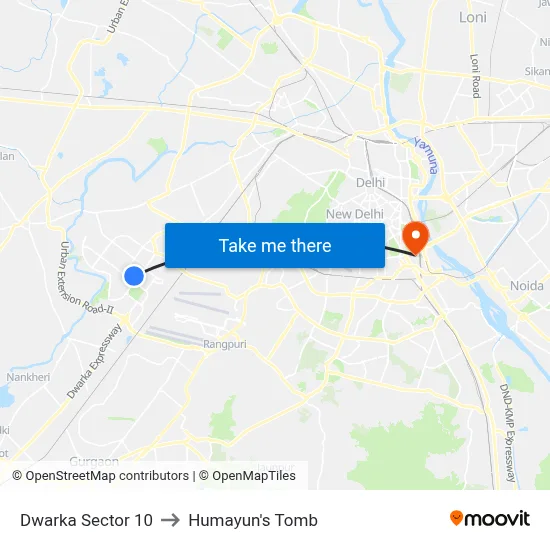 Dwarka Sector 10 to Humayun's Tomb map