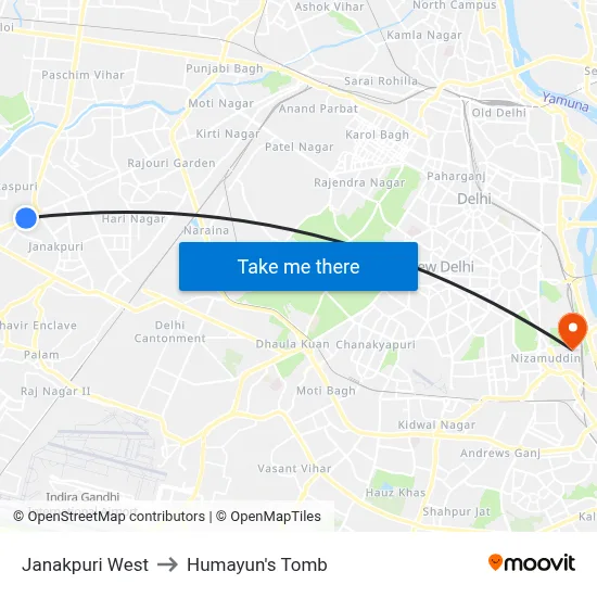Janakpuri West to Humayun's Tomb map