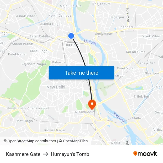 Kashmere Gate to Humayun's Tomb map
