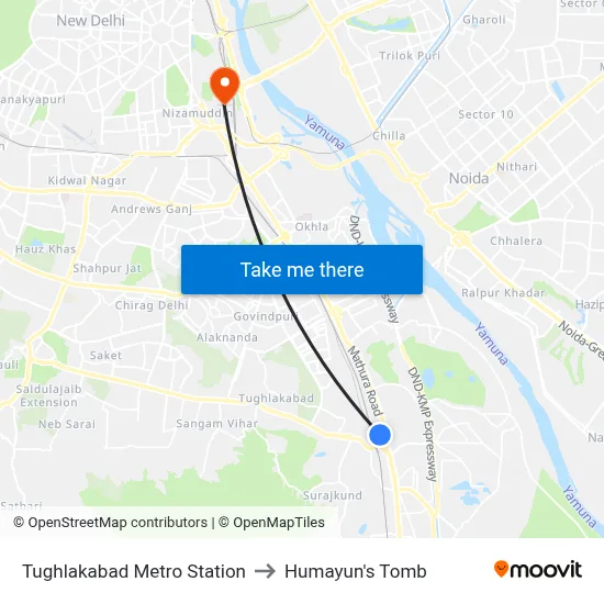 Tughlakabad Metro Station to Humayun's Tomb map