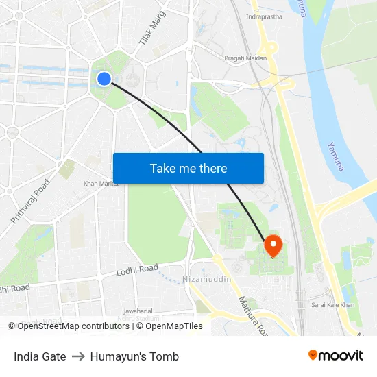India Gate to Humayun's Tomb map