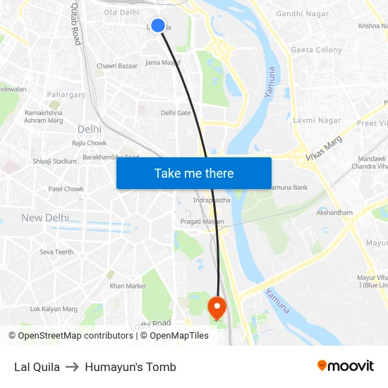 Lal Quila to Humayun's Tomb map