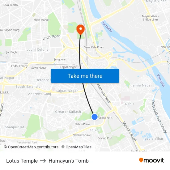 Lotus Temple to Humayun's Tomb map