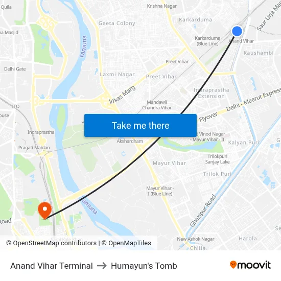 Anand Vihar Terminal to Humayun's Tomb map