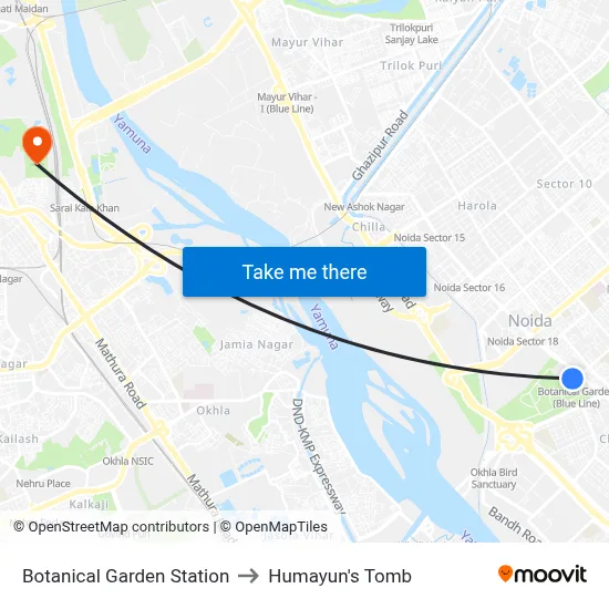 Botanical Garden Station to Humayun's Tomb map
