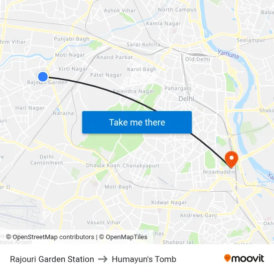 Rajouri Garden Station to Humayun's Tomb map