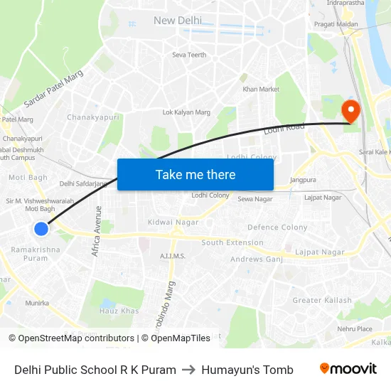 Delhi Public School R K Puram to Humayun's Tomb map