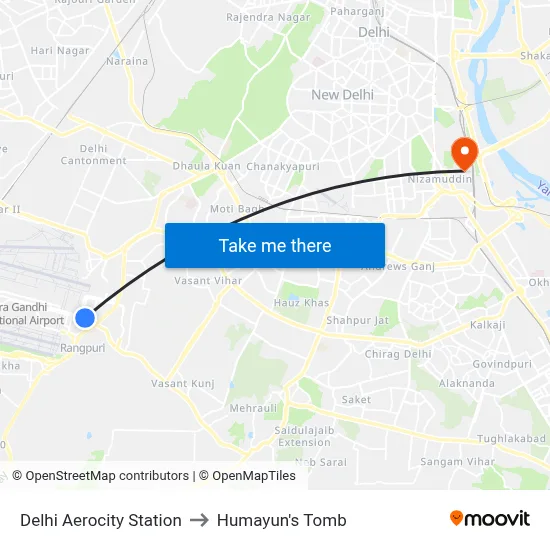 Delhi Aerocity Station to Humayun's Tomb map