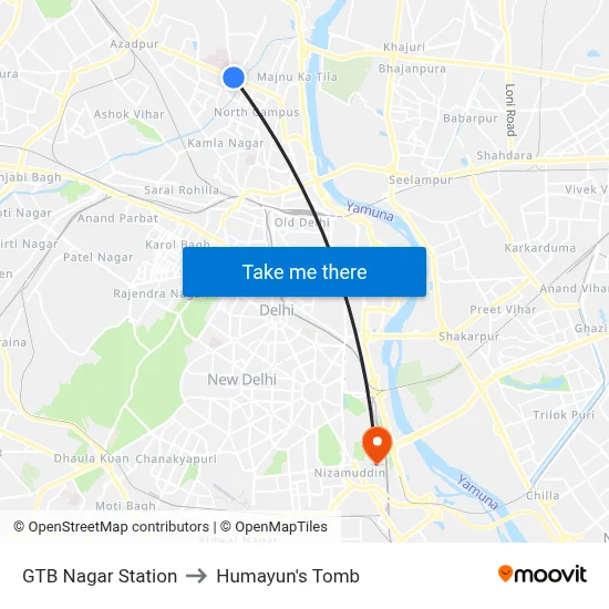 GTB Nagar Station to Humayun's Tomb map